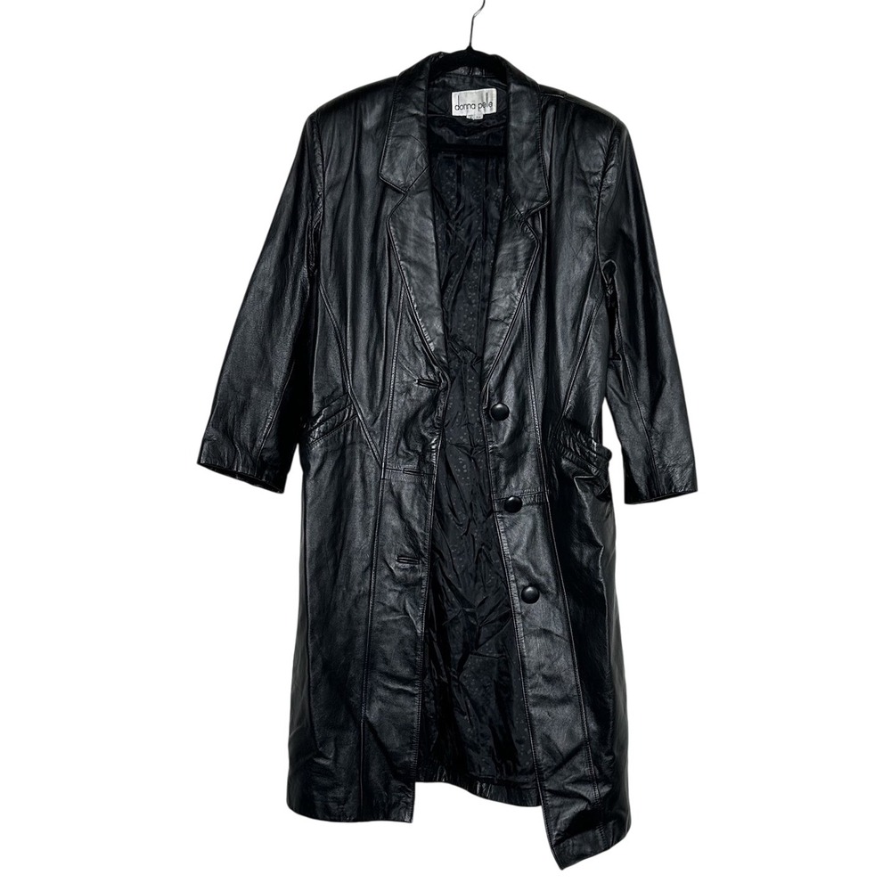 Vintage Donna Pelle PM Black Leather Long Trench Coat Grunge Emu Mobwife Matrix - Picture 2 of 8